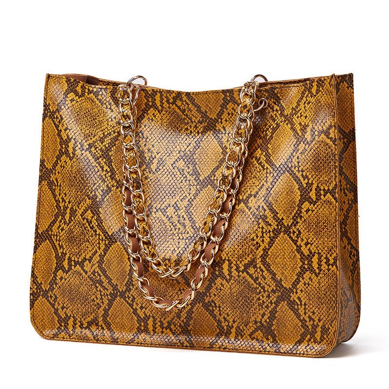 Stylish snake pattern messenger bag in various colors, showcasing its large capacity and double straps.