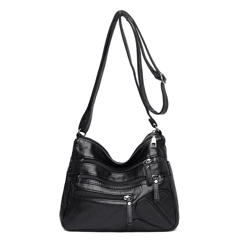 Soft leather large capacity shoulder bag in various colors, designed for middle-aged women, showcasing its stylish and spacious design.