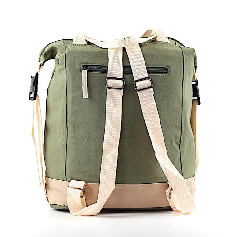 Soft polyester bag and backpack in four colors, featuring adjustable straps and multiple zipped pockets for organization.