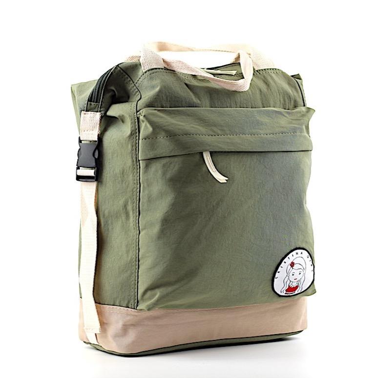 Soft polyester bag and backpack in four colors, featuring adjustable straps and multiple zipped pockets for organization.