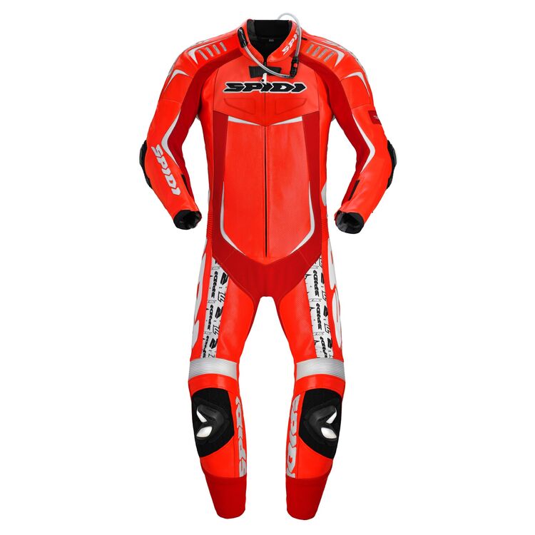 Spidi Track Replica Evo Race Suit showcasing premium Italian leather and advanced protective features, designed for motorcycle racing.