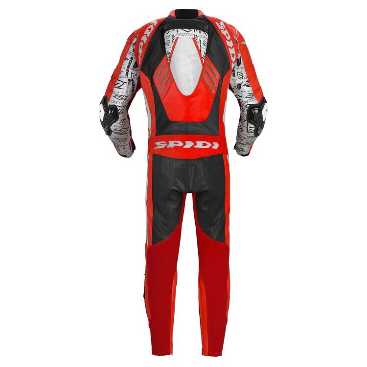 Spidi Track Replica Evo Race Suit showcasing premium Italian leather and advanced protective features, designed for motorcycle racing.