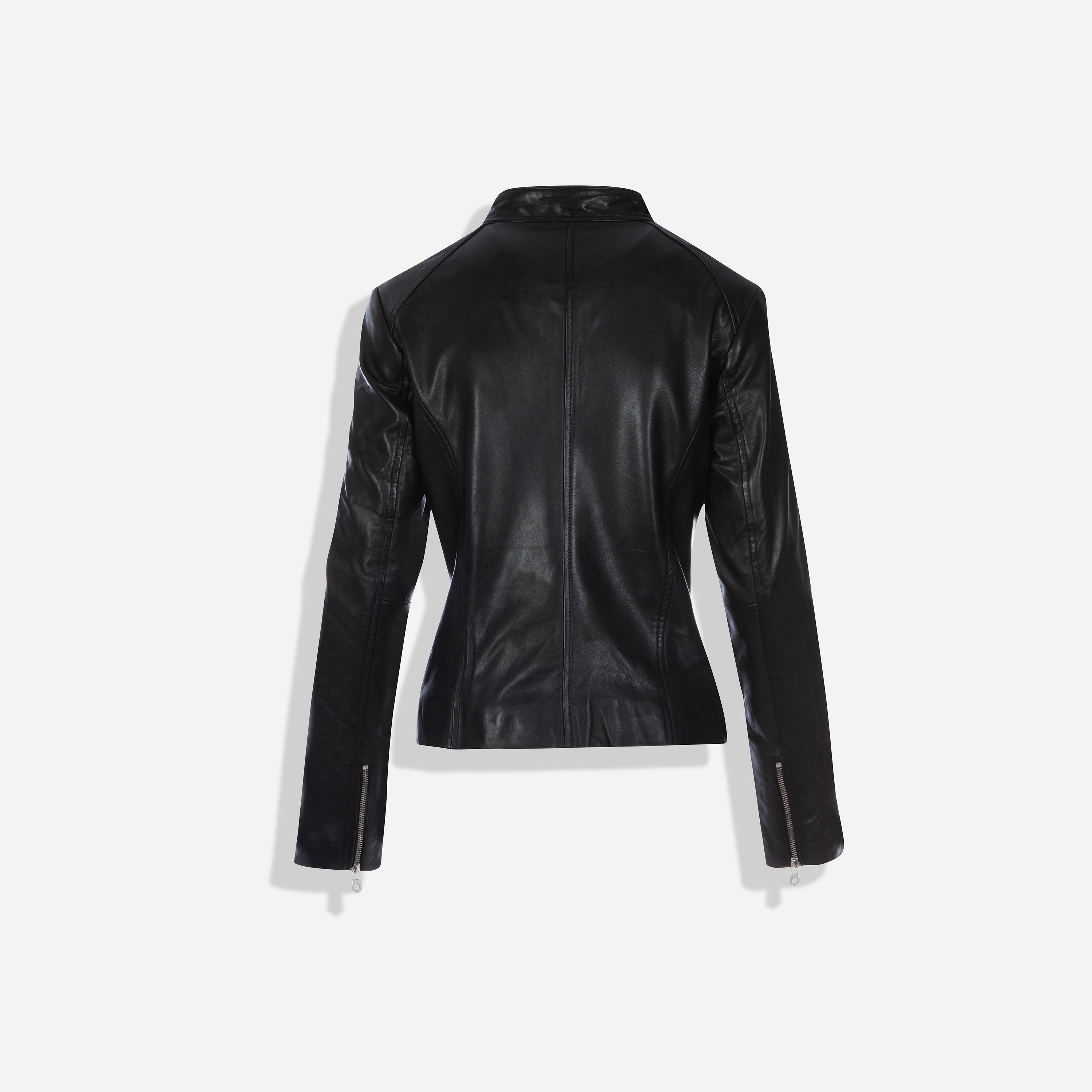 A sleek black Stella Jacket featuring a minimal design, perfect for versatile styling and functional wear.