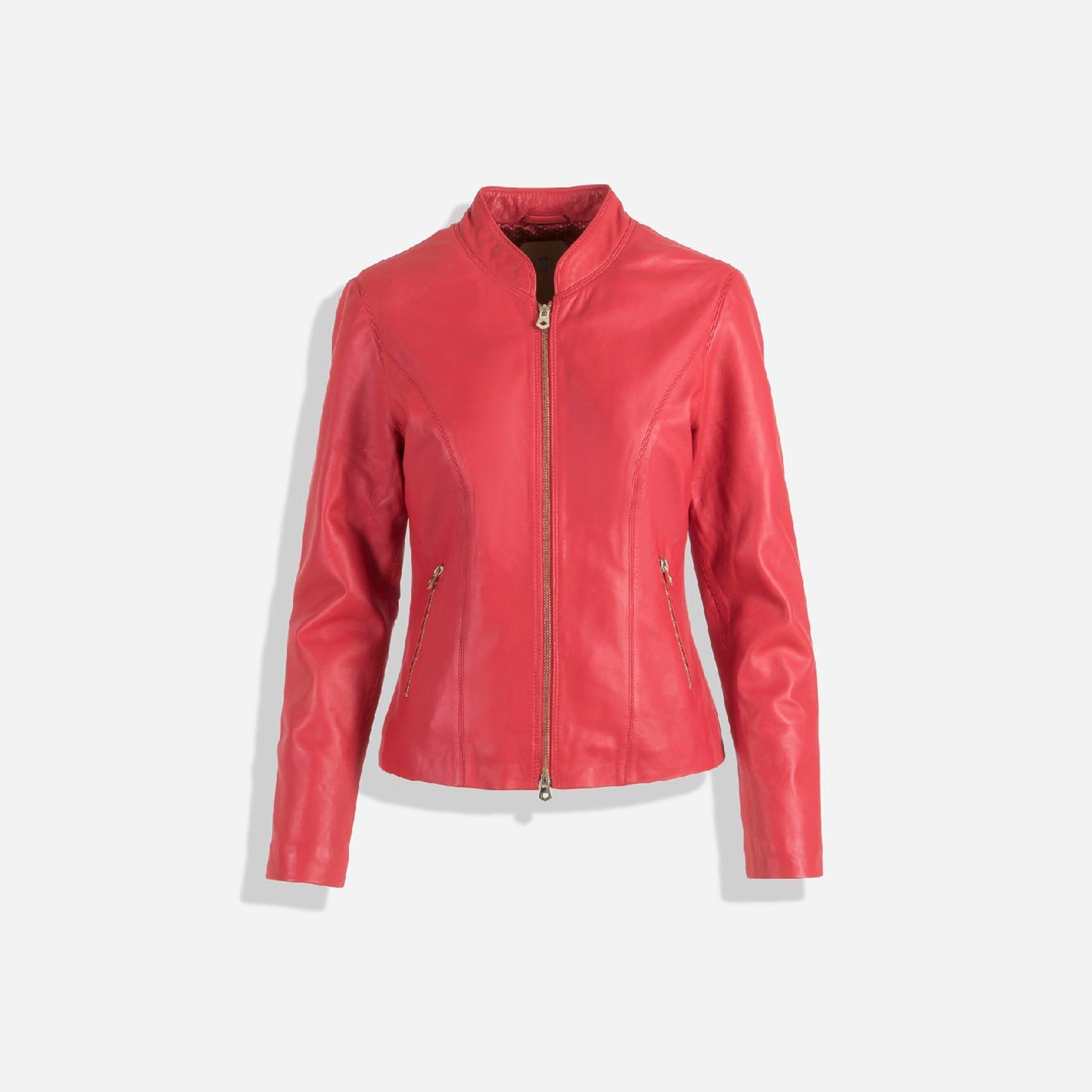 A stylish red Stella Jacket designed for women, featuring a sleek and minimal design suitable for various occasions.