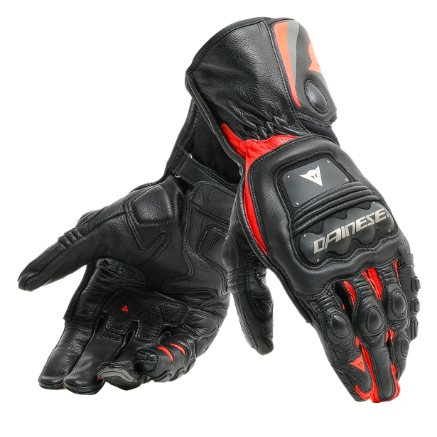 High-quality leather racing gloves with steel knuckles and TPU inserts for protection and comfort.