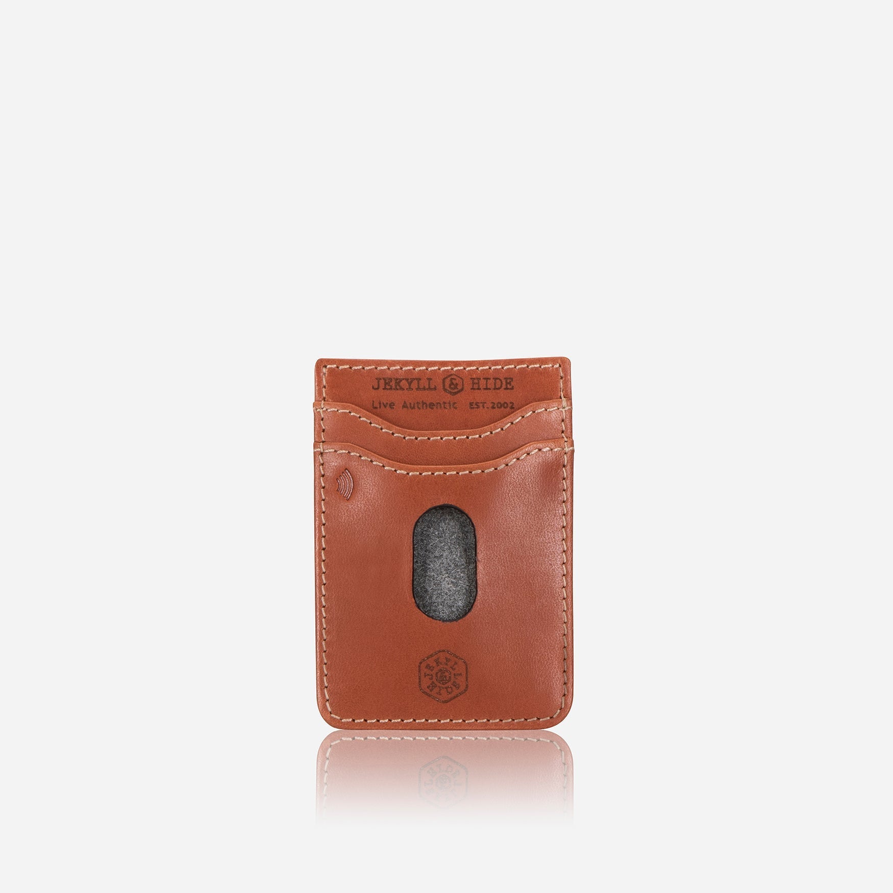 Tan eco-friendly stick-on card holder with RFID protection, designed to hold three cards.