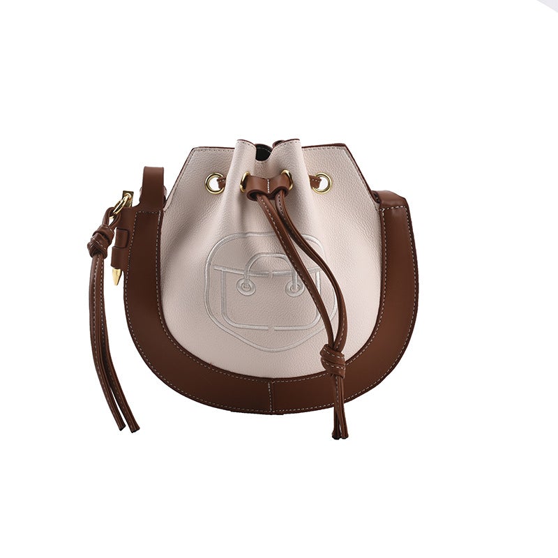 Stylish brown and coffee colored Korean messenger bag for women, featuring a trendy bucket bag design made of PU material.