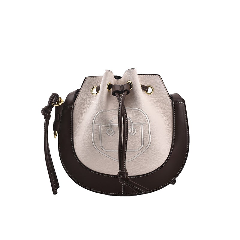 Stylish brown and coffee colored Korean messenger bag for women, featuring a trendy bucket bag design made of PU material.