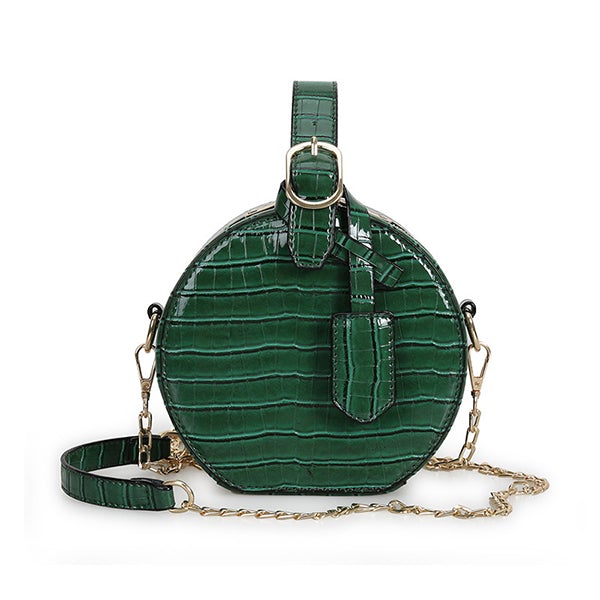 A stylish one-shoulder small round messenger bag with a crocodile pattern, made of durable PU fabric, perfect for street fashion.