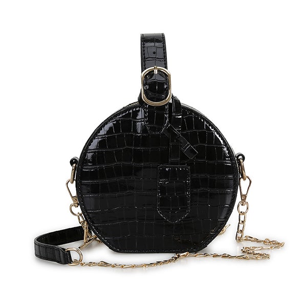 A stylish one-shoulder small round messenger bag with a crocodile pattern, made of durable PU fabric, perfect for street fashion.