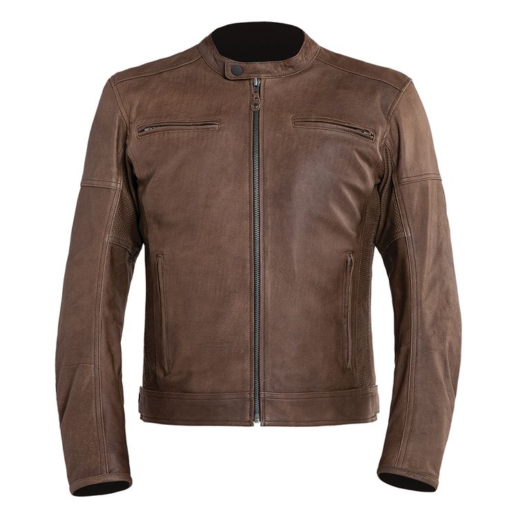 Street & Steel Blade Jacket made of natural drum dyed leather with CE rated protectors, featuring a mandarin collar and perforated sides for breathability.