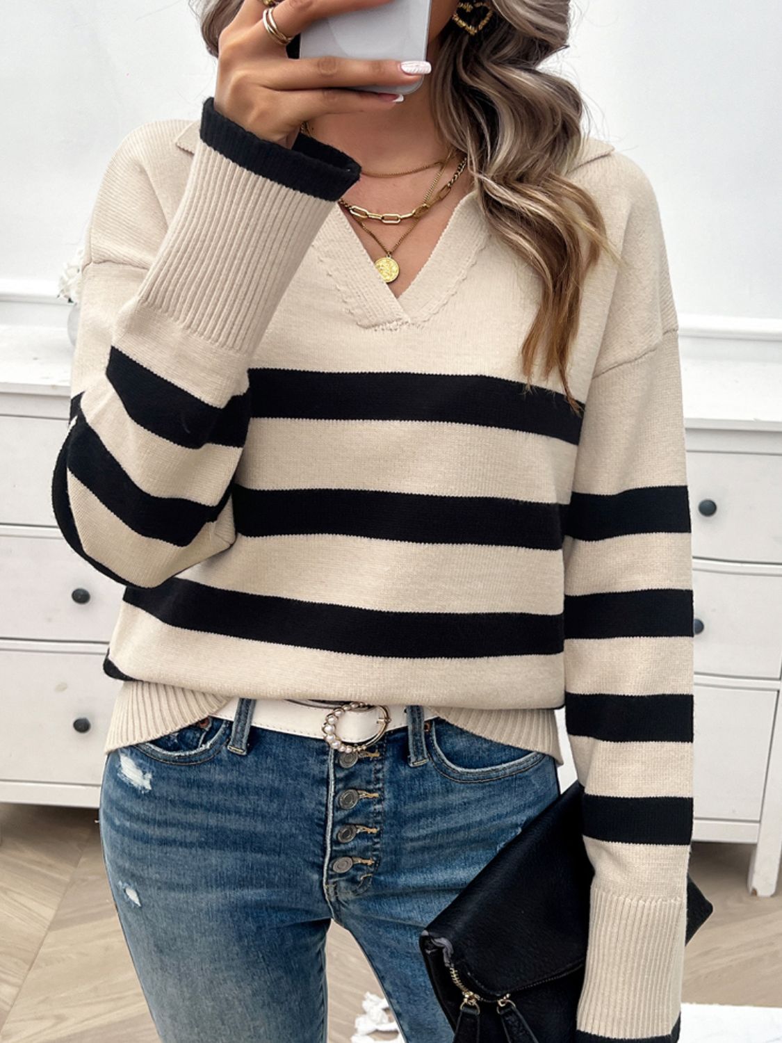 Striped Collared Neck Long Sleeve Sweater in a stylish design, featuring ribbed texture and a comfortable fit.