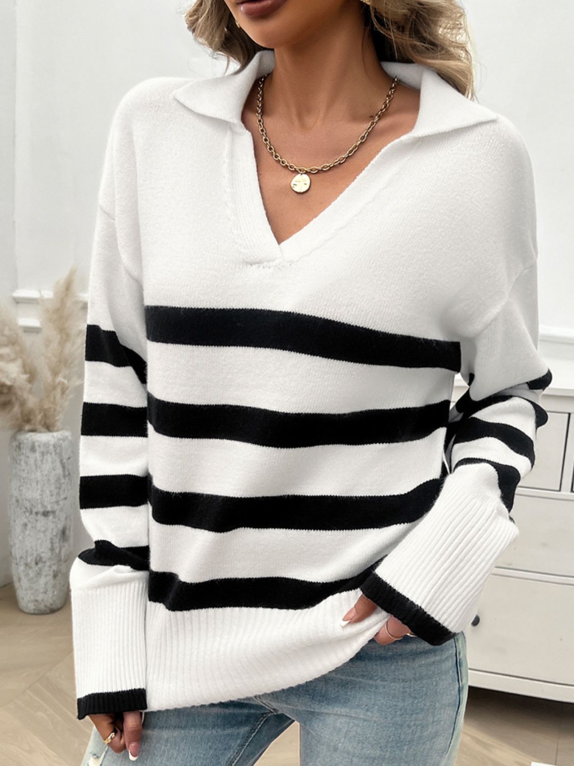 Striped Collared Neck Long Sleeve Sweater in a stylish design, featuring ribbed texture and a comfortable fit.