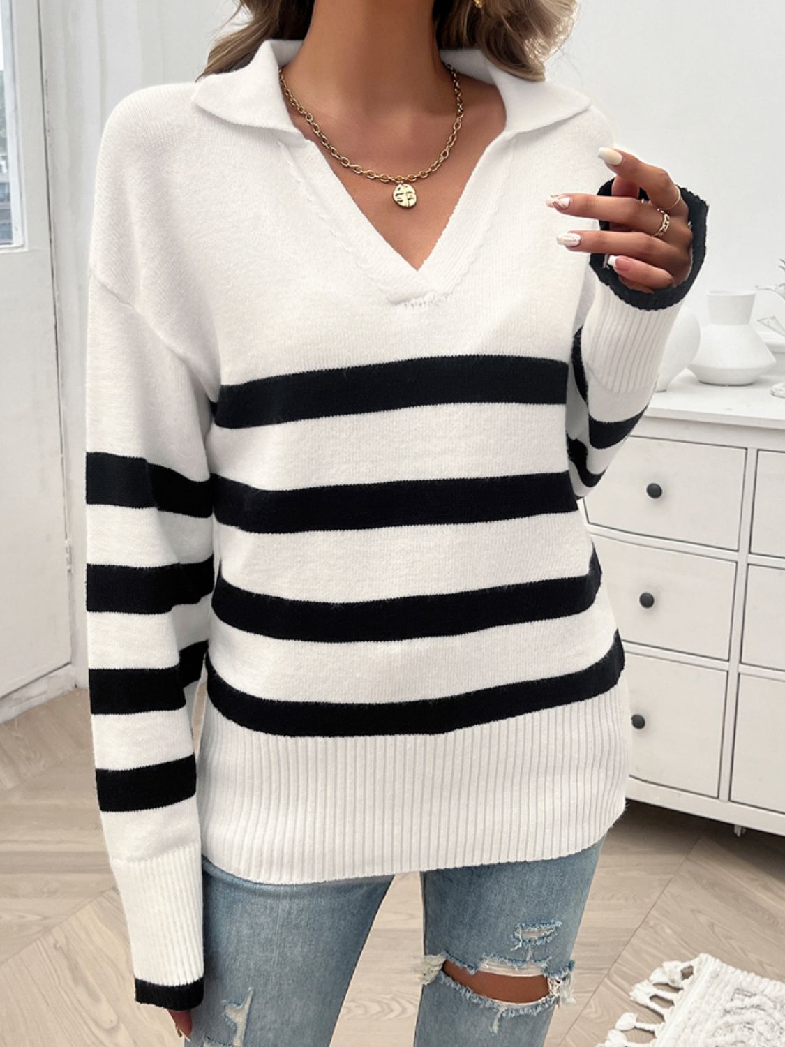 Striped Collared Neck Long Sleeve Sweater in a stylish design, featuring ribbed texture and a comfortable fit.