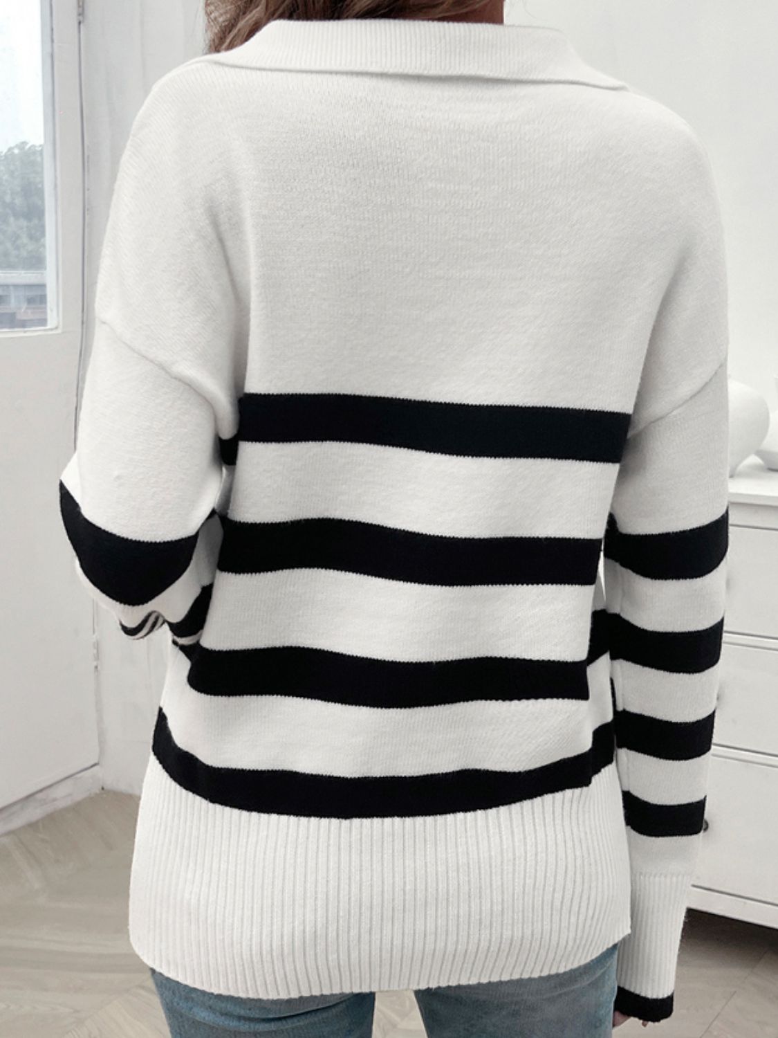 Striped Collared Neck Long Sleeve Sweater in a stylish design, featuring ribbed texture and a comfortable fit.