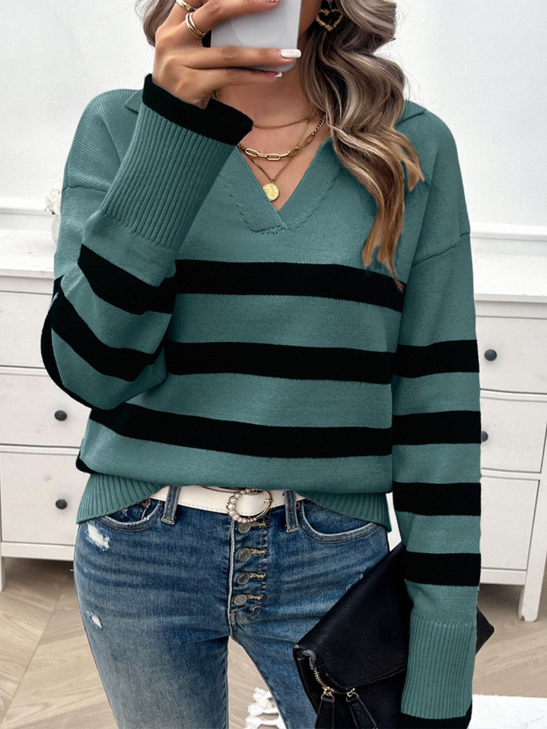 Striped Collared Neck Long Sleeve Sweater in a stylish design, featuring ribbed texture and a comfortable fit.