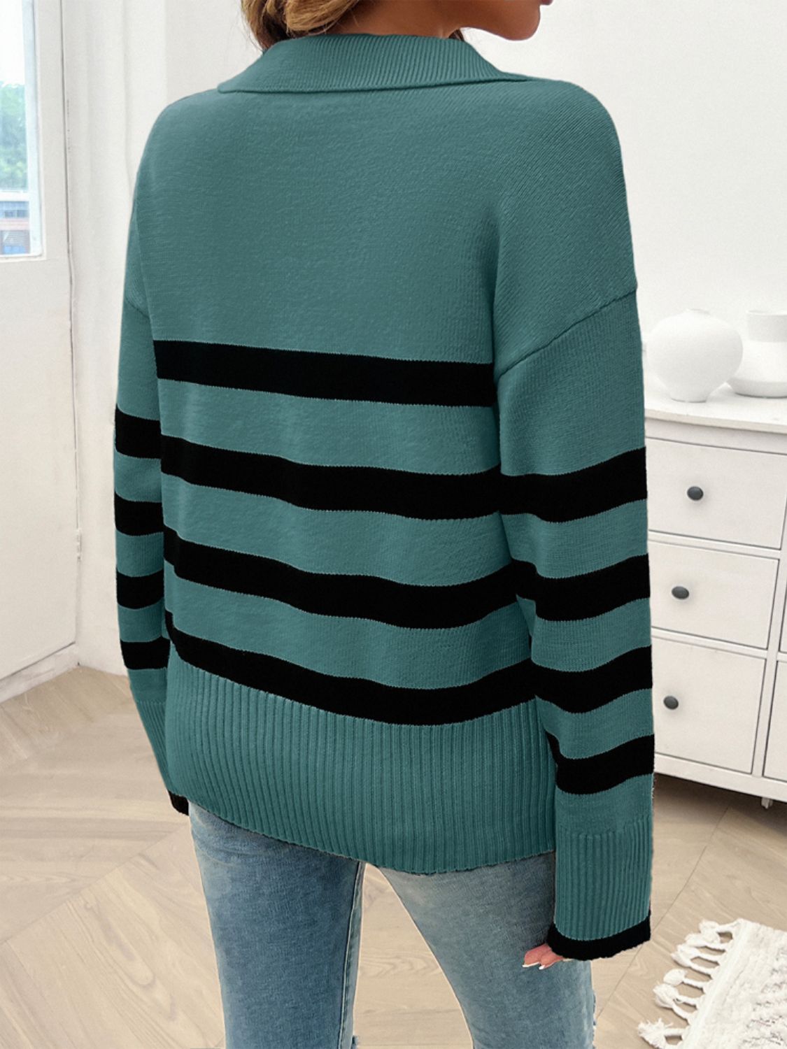 Striped Collared Neck Long Sleeve Sweater in a stylish design, featuring ribbed texture and a comfortable fit.