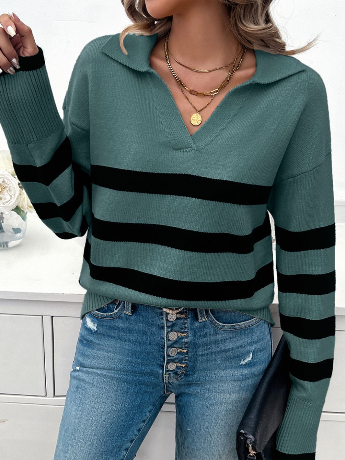 Striped Collared Neck Long Sleeve Sweater in a stylish design, featuring ribbed texture and a comfortable fit.