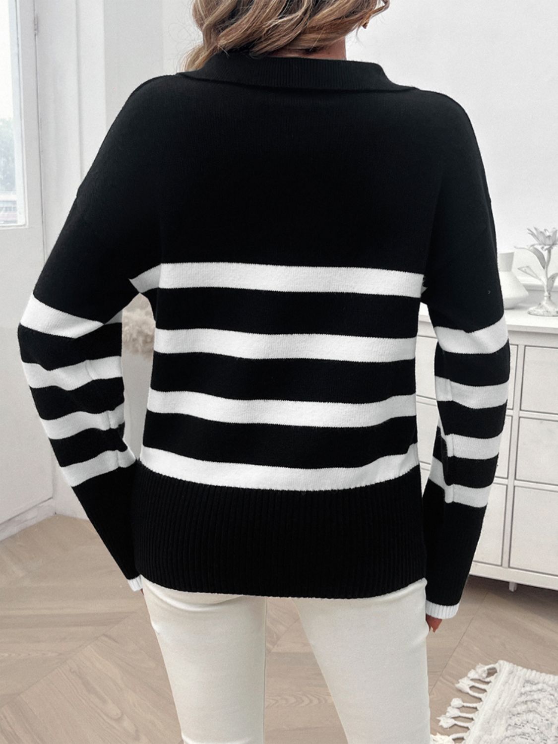 Striped Collared Neck Long Sleeve Sweater in a stylish design, featuring ribbed texture and a comfortable fit.