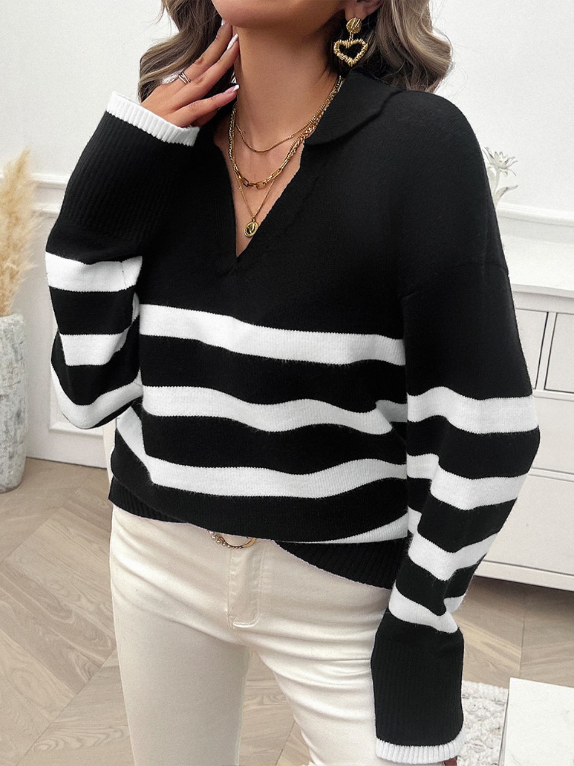 Striped Collared Neck Long Sleeve Sweater in a stylish design, featuring ribbed texture and a comfortable fit.