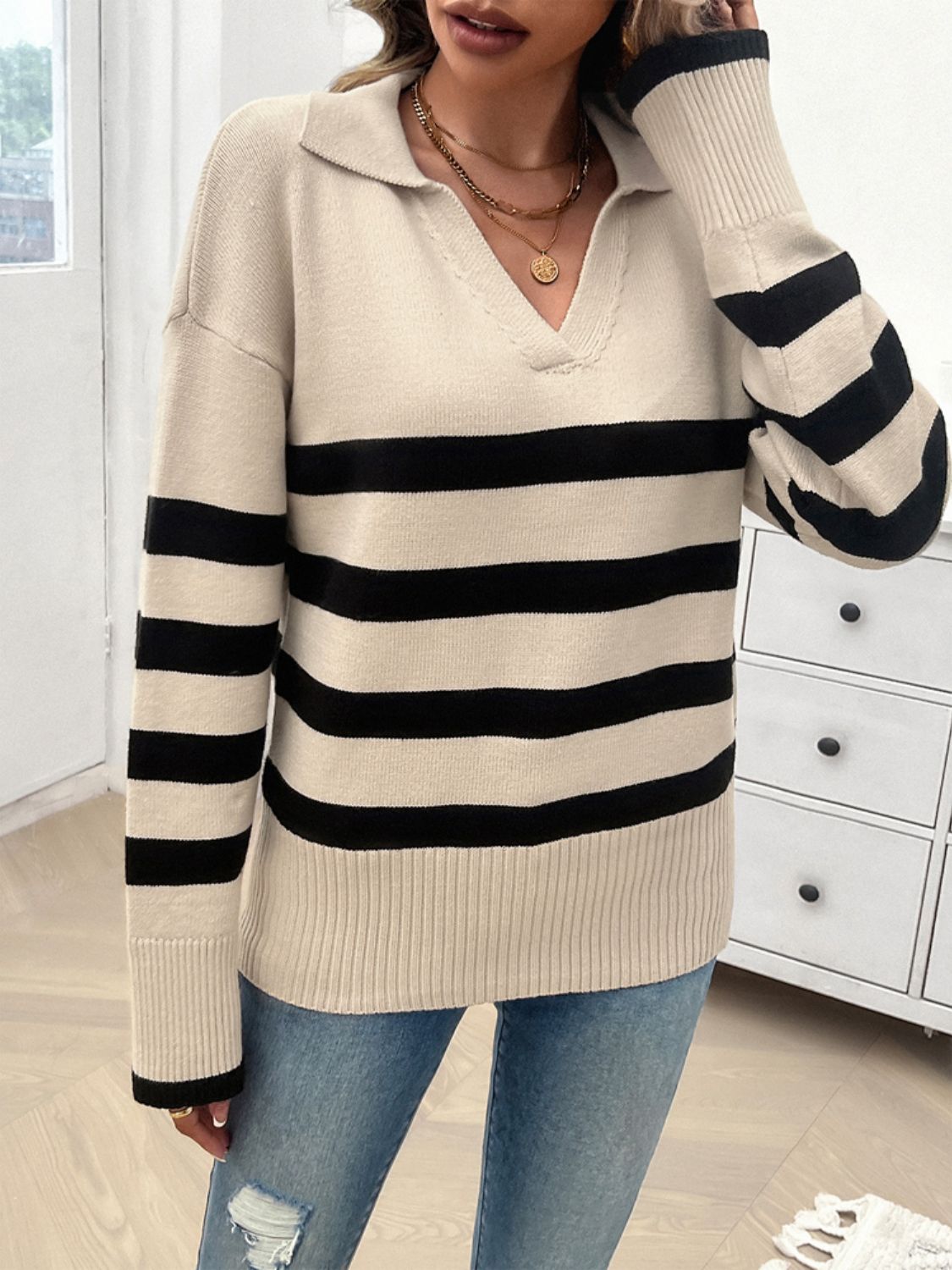 Striped Collared Neck Long Sleeve Sweater in a stylish design, featuring ribbed texture and a comfortable fit.