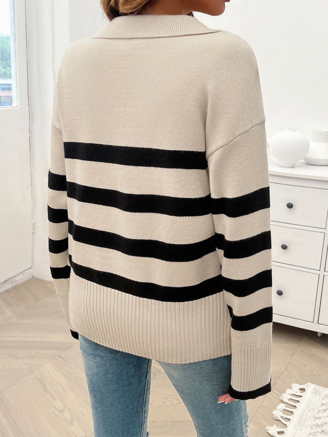 Striped Collared Neck Long Sleeve Sweater in a stylish design, featuring ribbed texture and a comfortable fit.