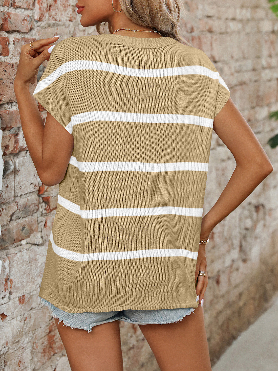 Striped round neck short sleeve knit top in various sizes, showcasing its stylish design and comfortable fit.