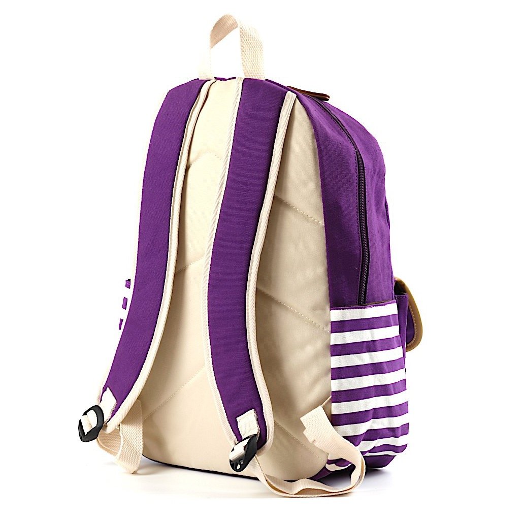 Striped travel backpack featuring a laptop pocket, padded straps, and multiple pockets in a stylish design.