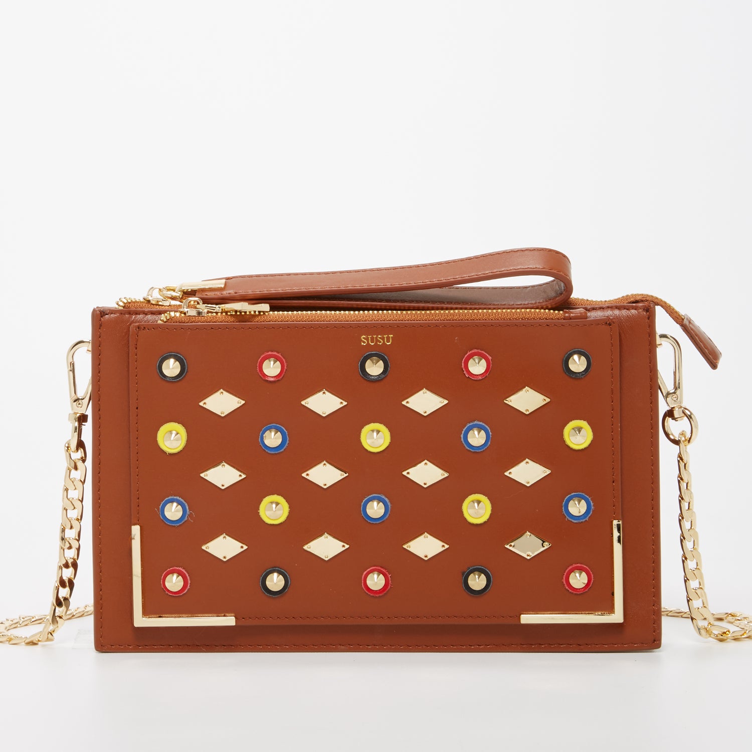 Stylish Studded Crossbody Brown Clutch with gold hardware and leather appliques, featuring a chic square silhouette.