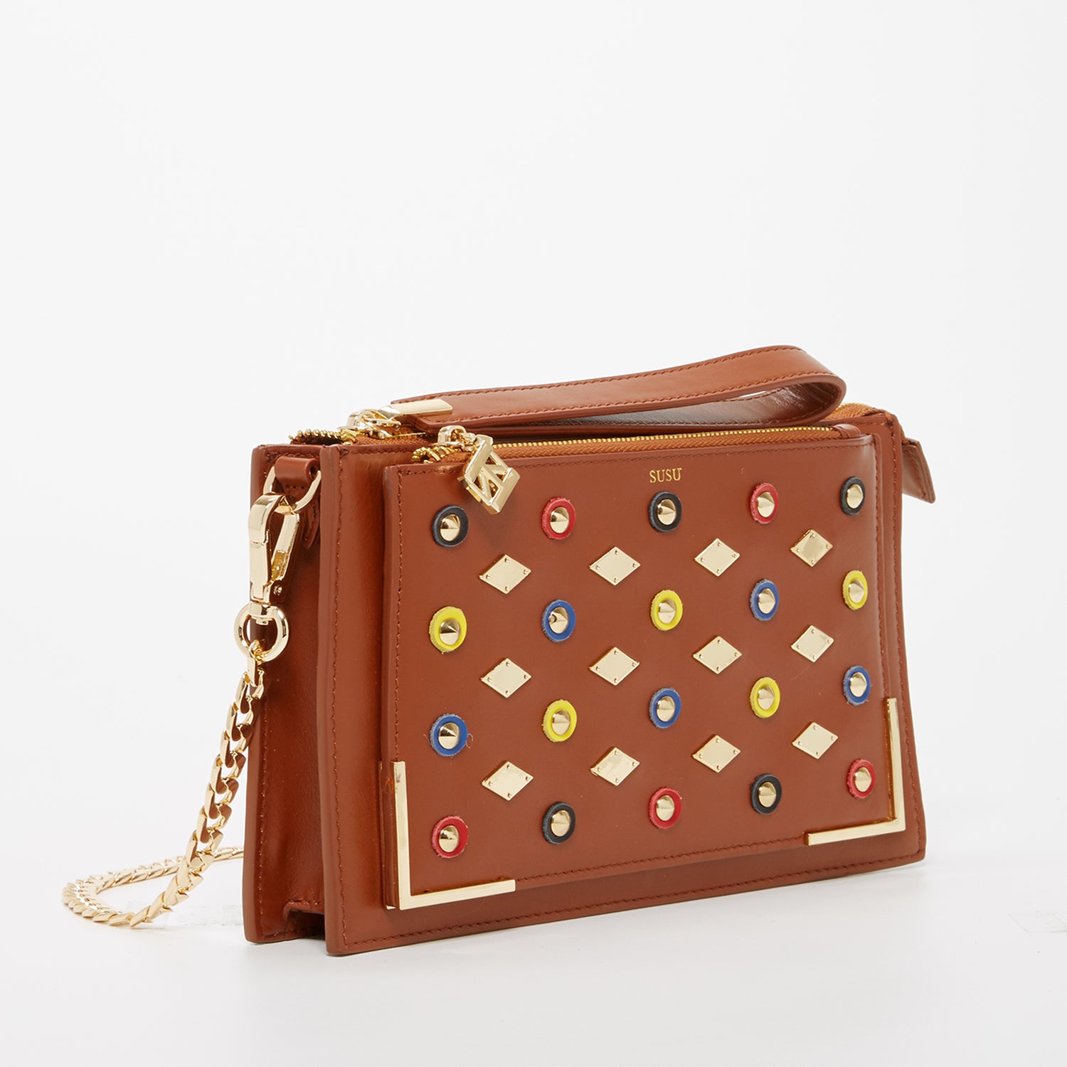 Stylish Studded Crossbody Brown Clutch with gold hardware and leather appliques, featuring a chic square silhouette.