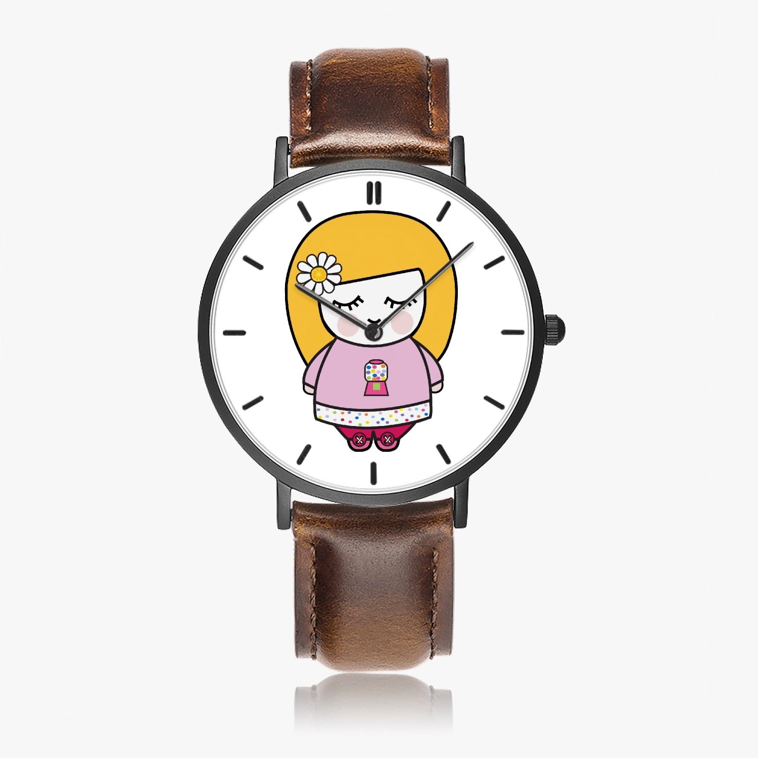 Sue Sue Sweet Watch featuring a sleek design with a stainless steel case and genuine leather bands, suitable for both men and women.