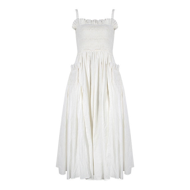 A stylish Summer Sling Backless Pleated Vintage Dress featuring a pleated design, slash neck, and mid-calf length, perfect for casual outings.