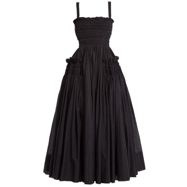 A stylish Summer Sling Backless Pleated Vintage Dress featuring a pleated design, slash neck, and mid-calf length, perfect for casual outings.