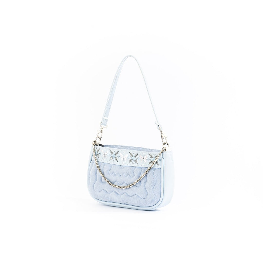 Stylish Sunday 02 Shoulder Bag featuring quilted velvet and vegan leather, available in Silver Rose and Oxford Blue.