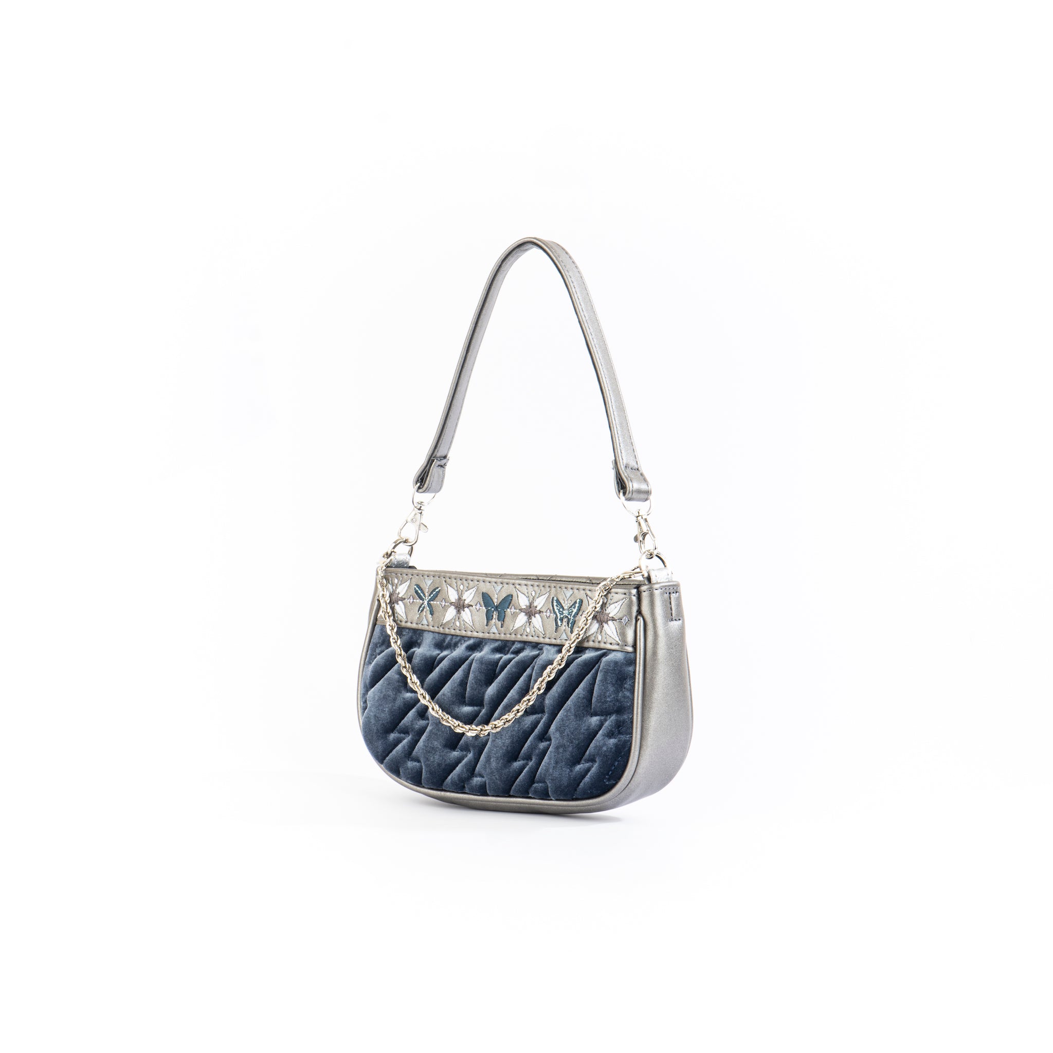 Stylish Sunday 02 Shoulder Bag featuring quilted velvet and vegan leather, available in Silver Rose and Oxford Blue.