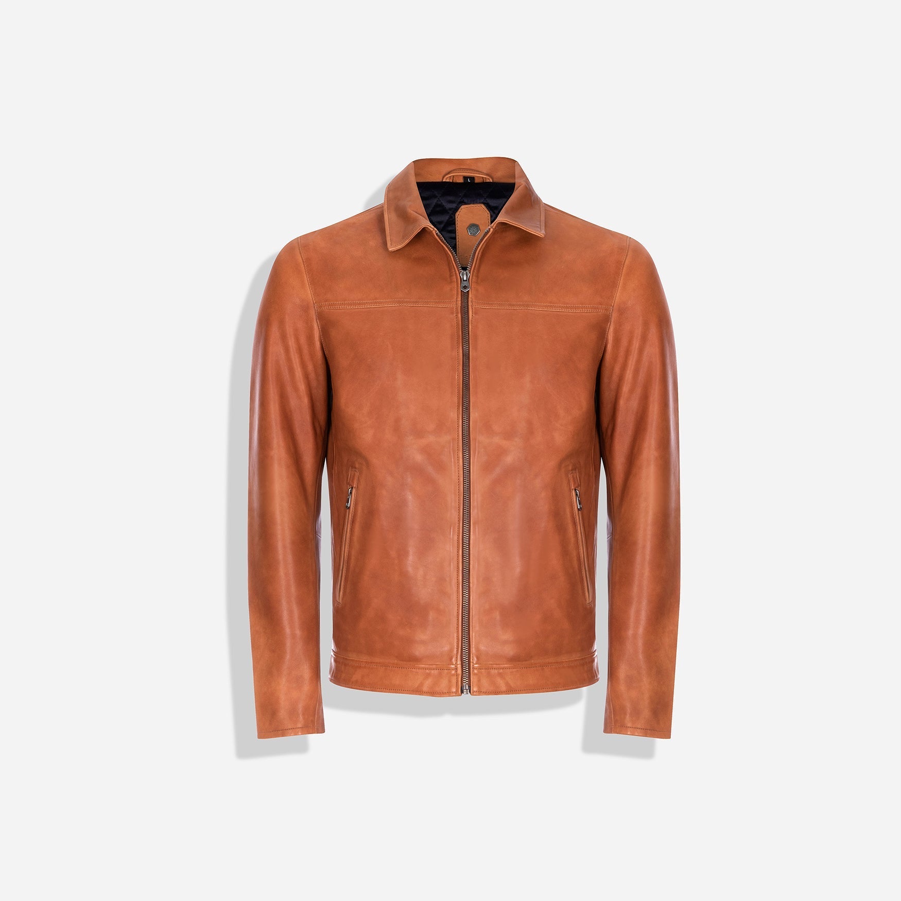 Sutherland Classic Jacket in Tan, made from premium lambskin leather with a stylish collar, perfect for various occasions.