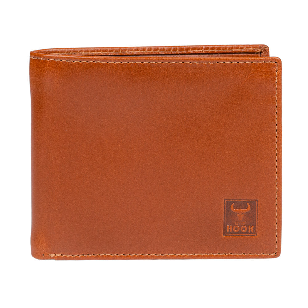 Tan Royal Wallet made from genuine leather, featuring multiple card slots and a zipped coin pocket, elegantly designed for men.