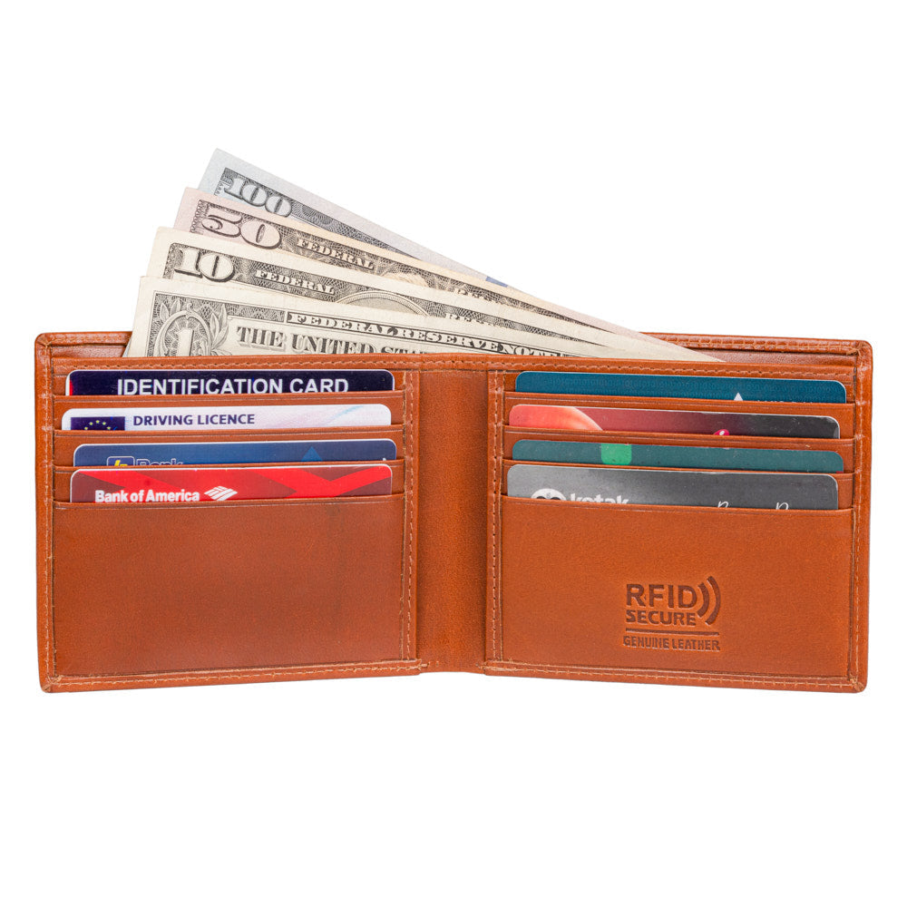 Tan Royal Wallet made from genuine leather, featuring multiple card slots and a zipped coin pocket, elegantly designed for men.