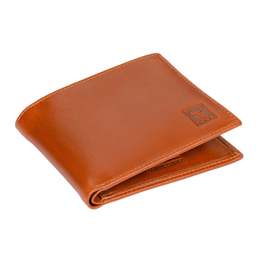 Tan Royal Wallet made from genuine leather, featuring multiple card slots and a zipped coin pocket, elegantly designed for men.