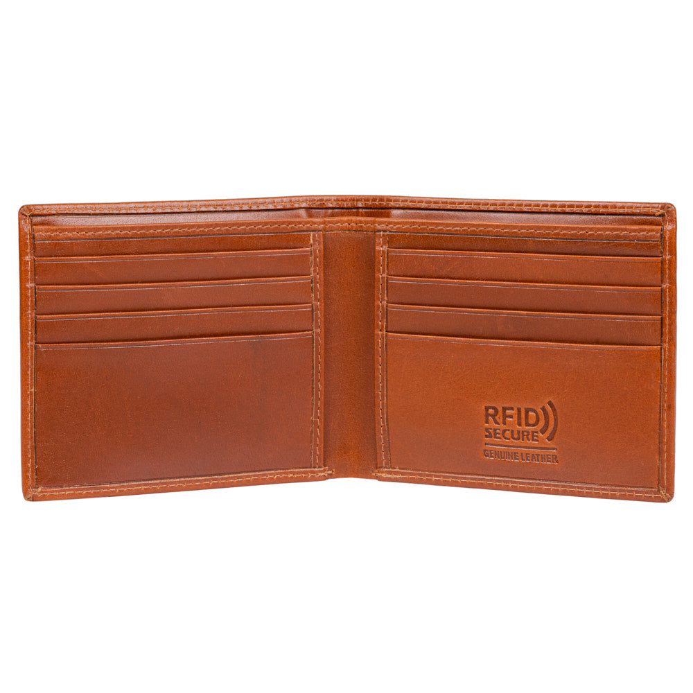 Tan Royal Wallet made from genuine leather, featuring multiple card slots and a zipped coin pocket, elegantly designed for men.