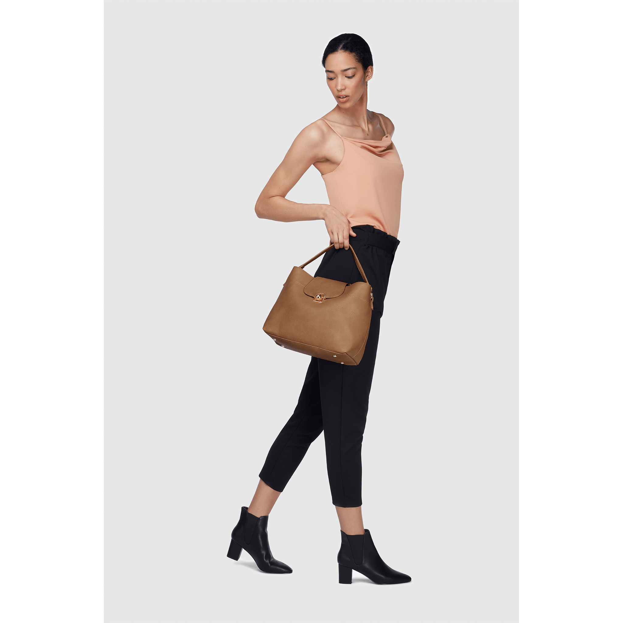 Taupe Sara Vegan Hobo Bag with slouchy design and LaBante engraved lock, showcasing spacious interior and contrast interiors.