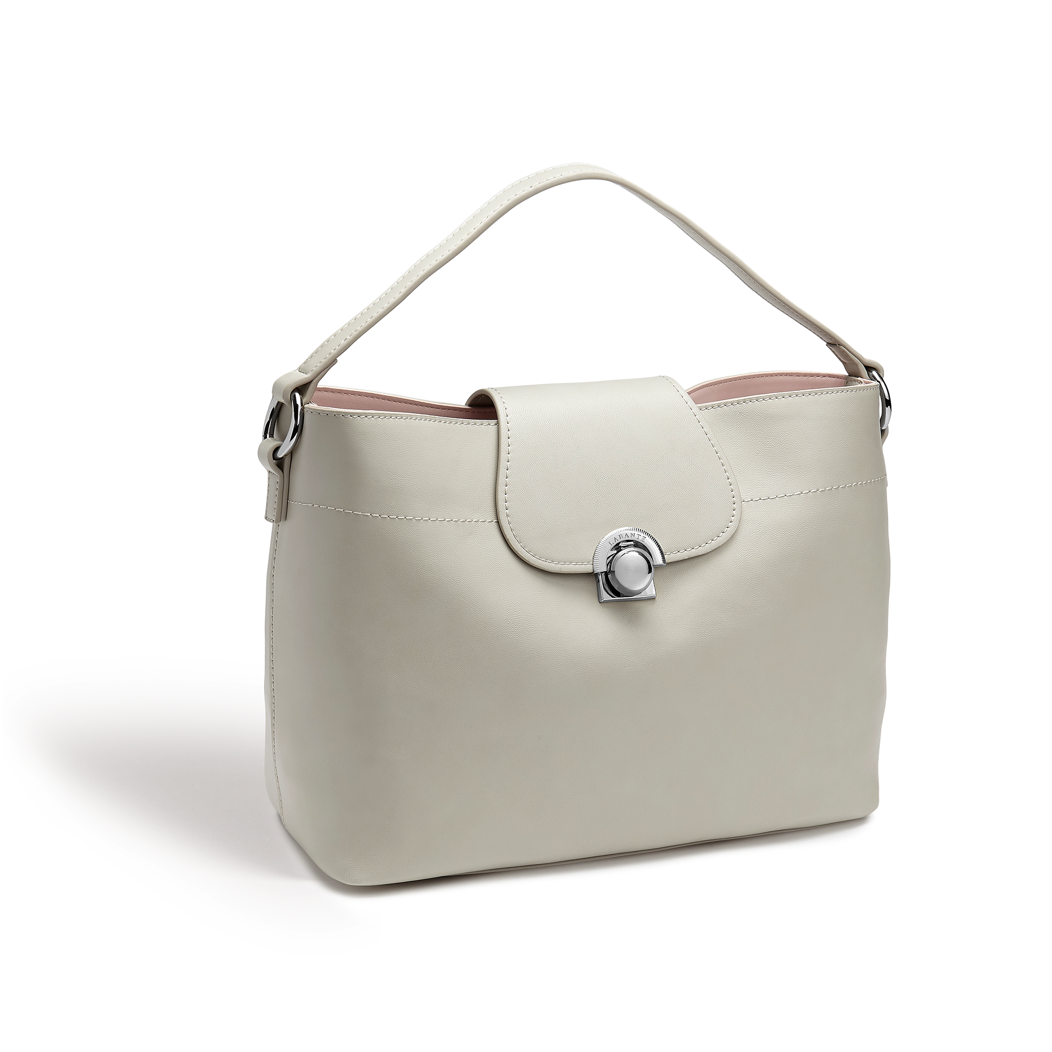 Taupe Sara Vegan Hobo Bag with slouchy design and LaBante engraved lock, showcasing spacious interior and contrast interiors.