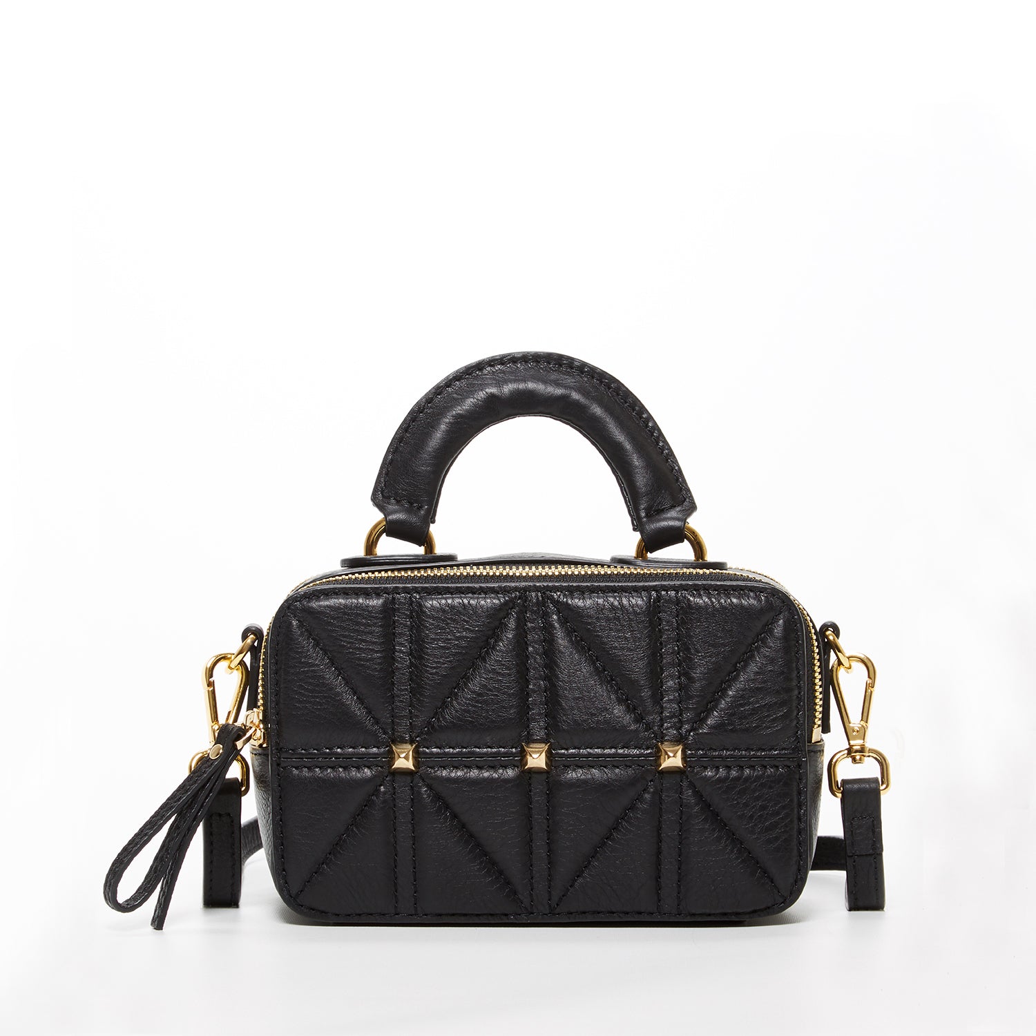 Taylor Black Small Crossbody Bag made of quilted leather with gold hardware and adjustable strap.