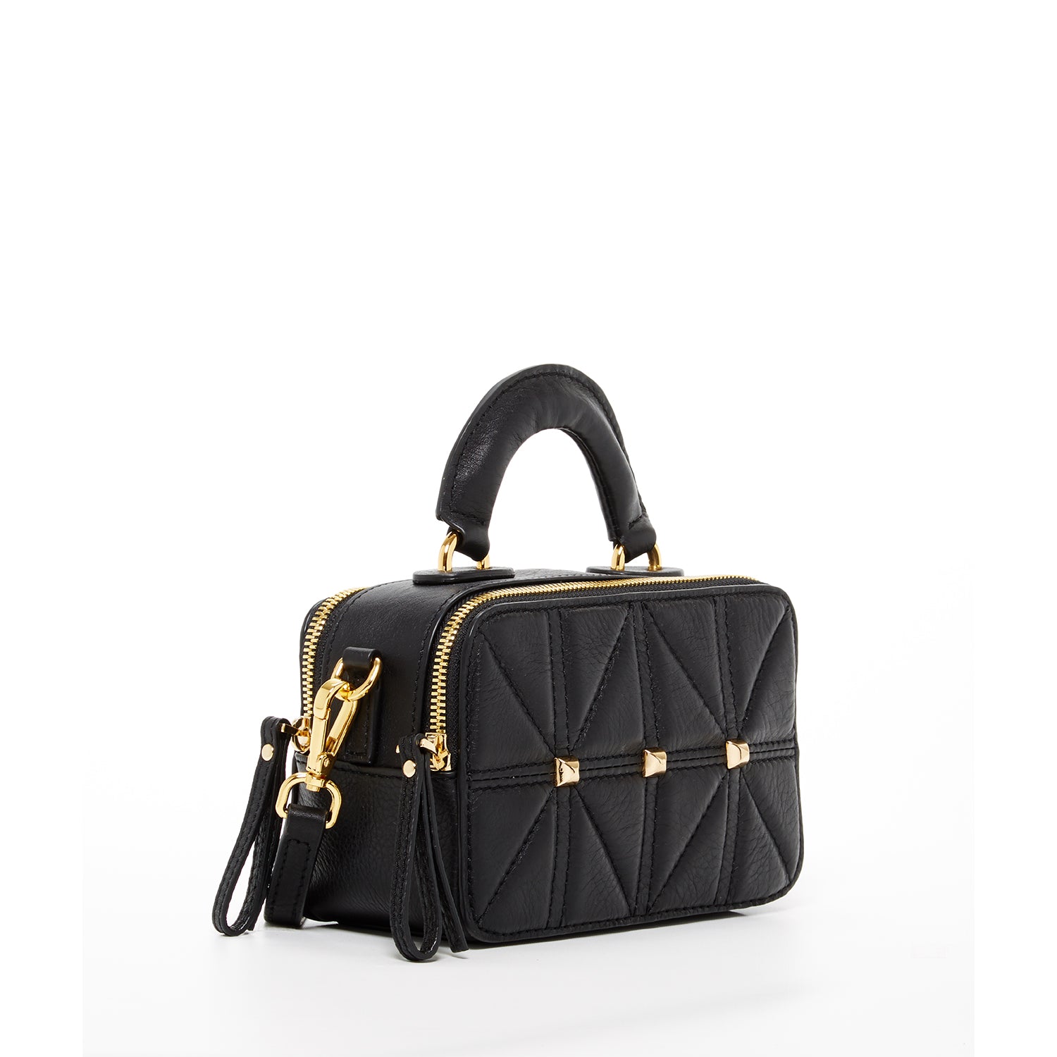 Taylor Black Small Crossbody Bag made of quilted leather with gold hardware and adjustable strap.