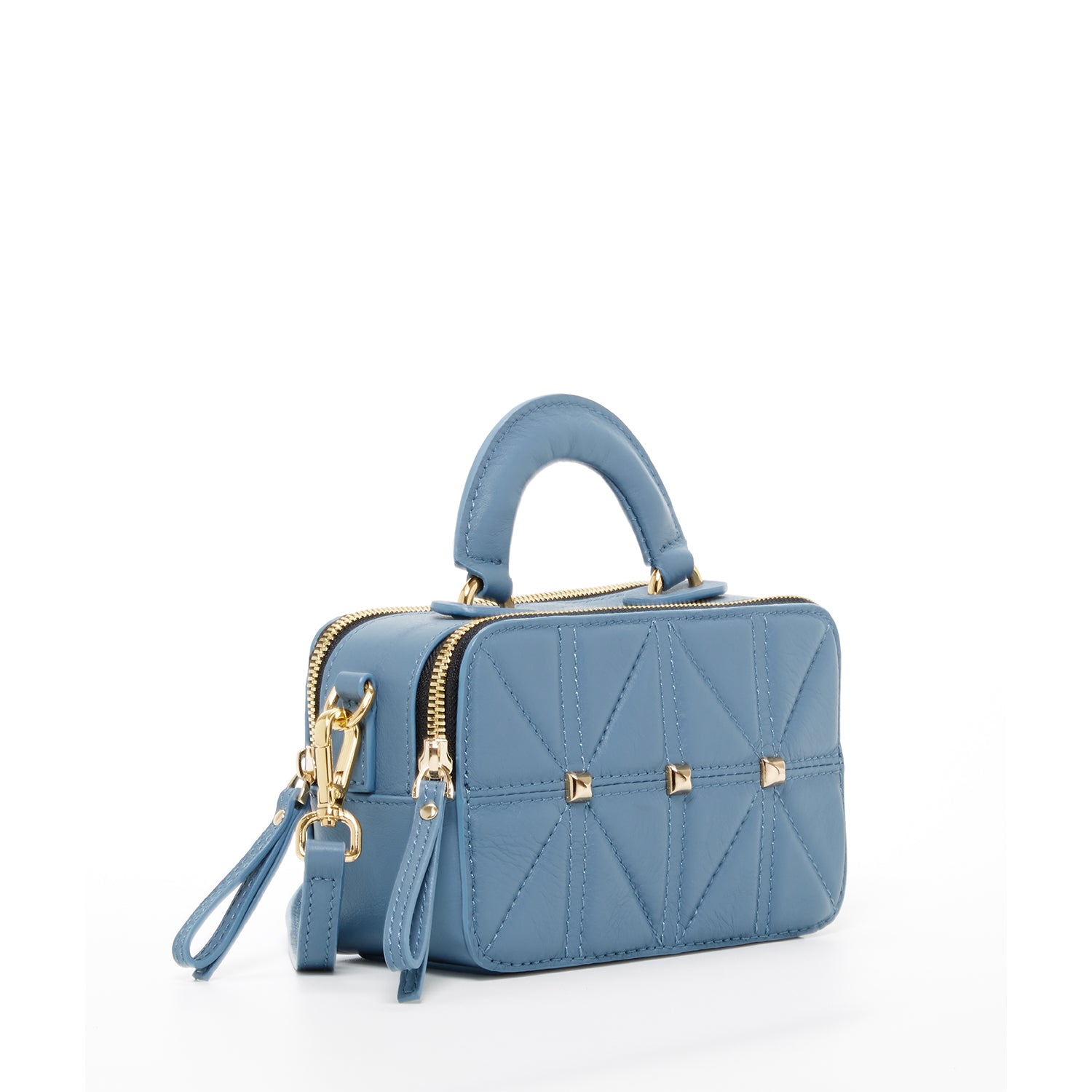 Taylor Small Crossbody Bag in blue, made of quilted Italian leather with gold hardware and adjustable strap.