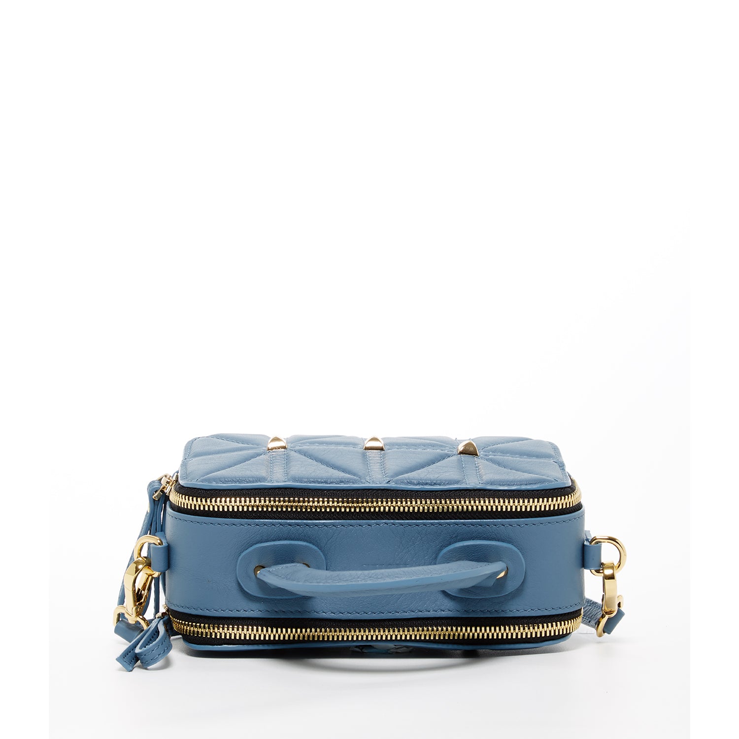 Taylor Small Crossbody Bag in blue, made of quilted Italian leather with gold hardware and adjustable strap.