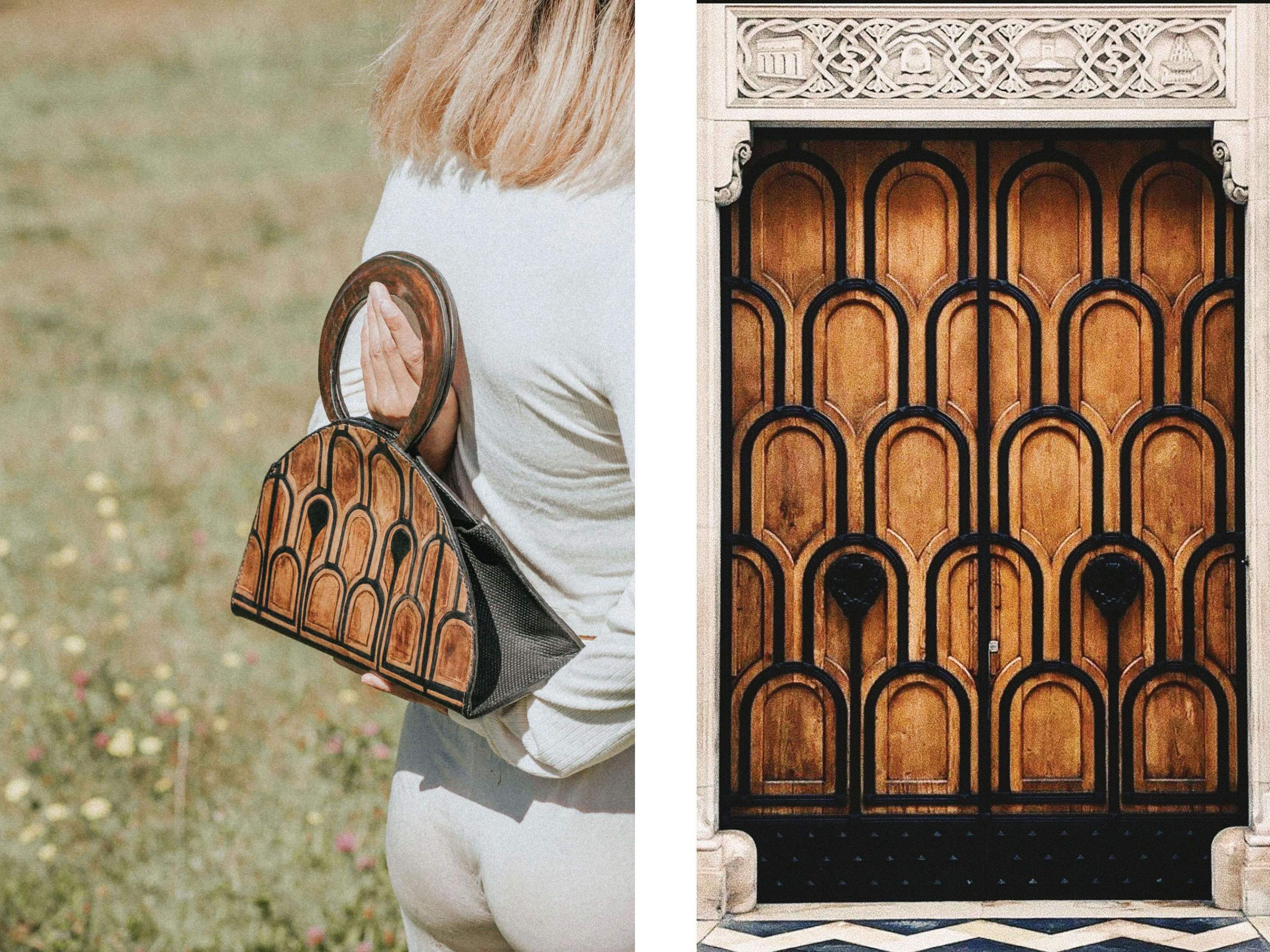 TERRA Tote made of natural vegetable-tanned leather with hand-engraved and painted details, inspired by Italian architecture.