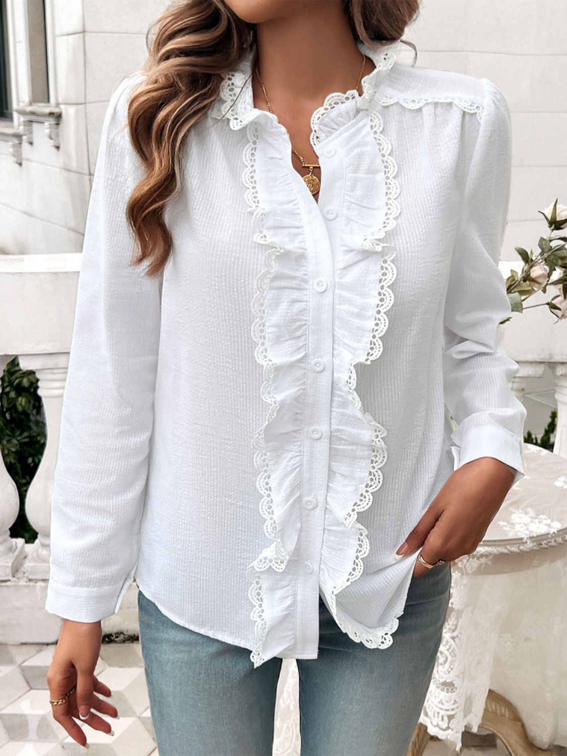 A stylish Textured Lace Detail Long Sleeve Shirt featuring elegant lace accents and a buttoned front, perfect for various occasions.