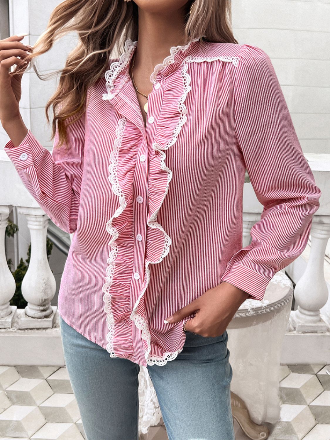 A stylish Textured Lace Detail Long Sleeve Shirt featuring elegant lace accents and a buttoned front, perfect for various occasions.