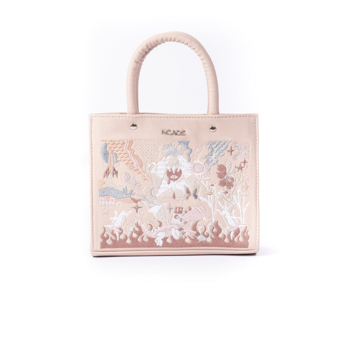 The Book Handbag featuring Jimmi Robot's epic battle design with 3D glittering embroidery on high-quality vegan leather.